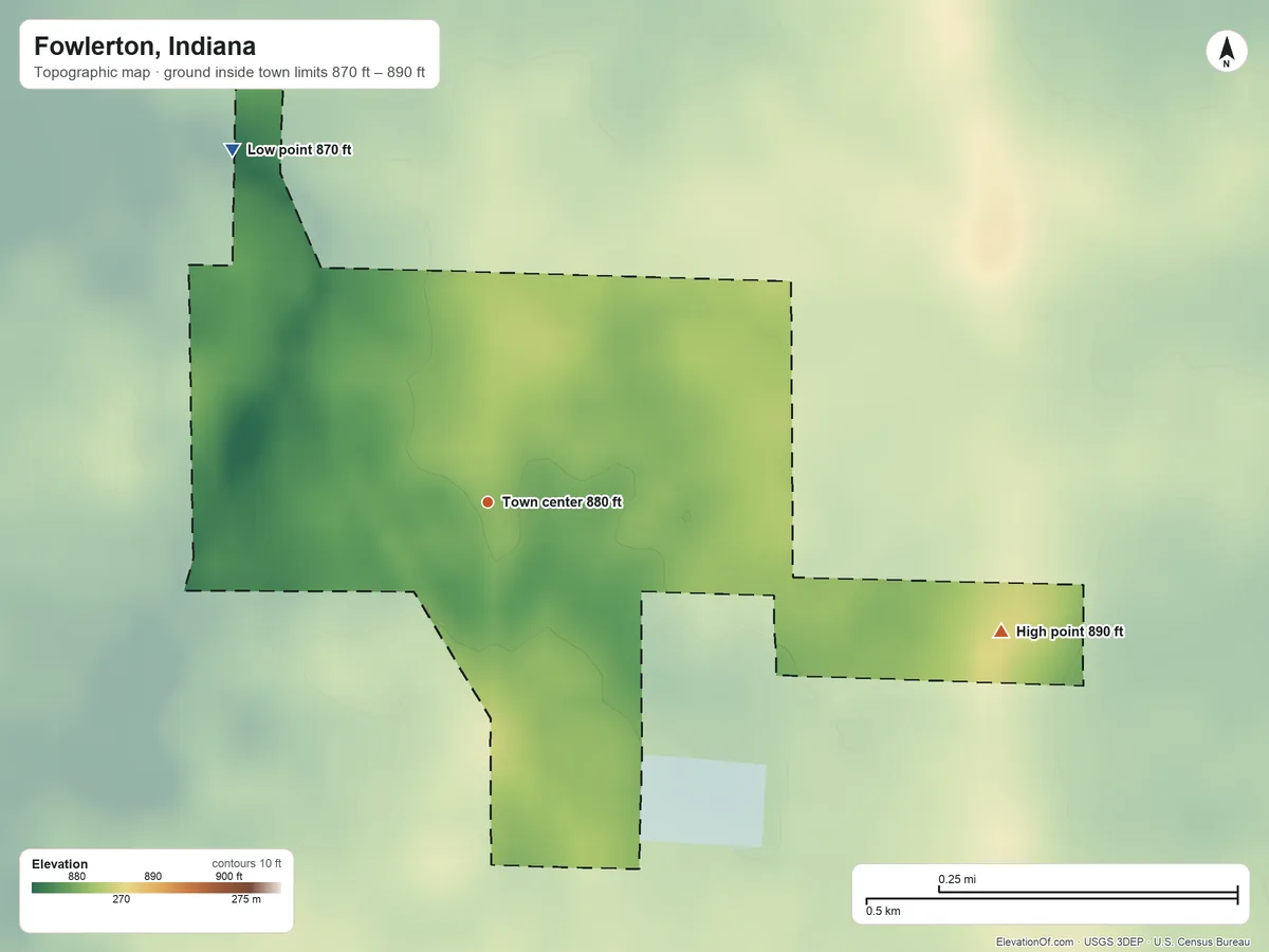 Topographic elevation map of Fowlerton, Indiana, shaded from 870 ft on the northwest side to 890 ft on the east side