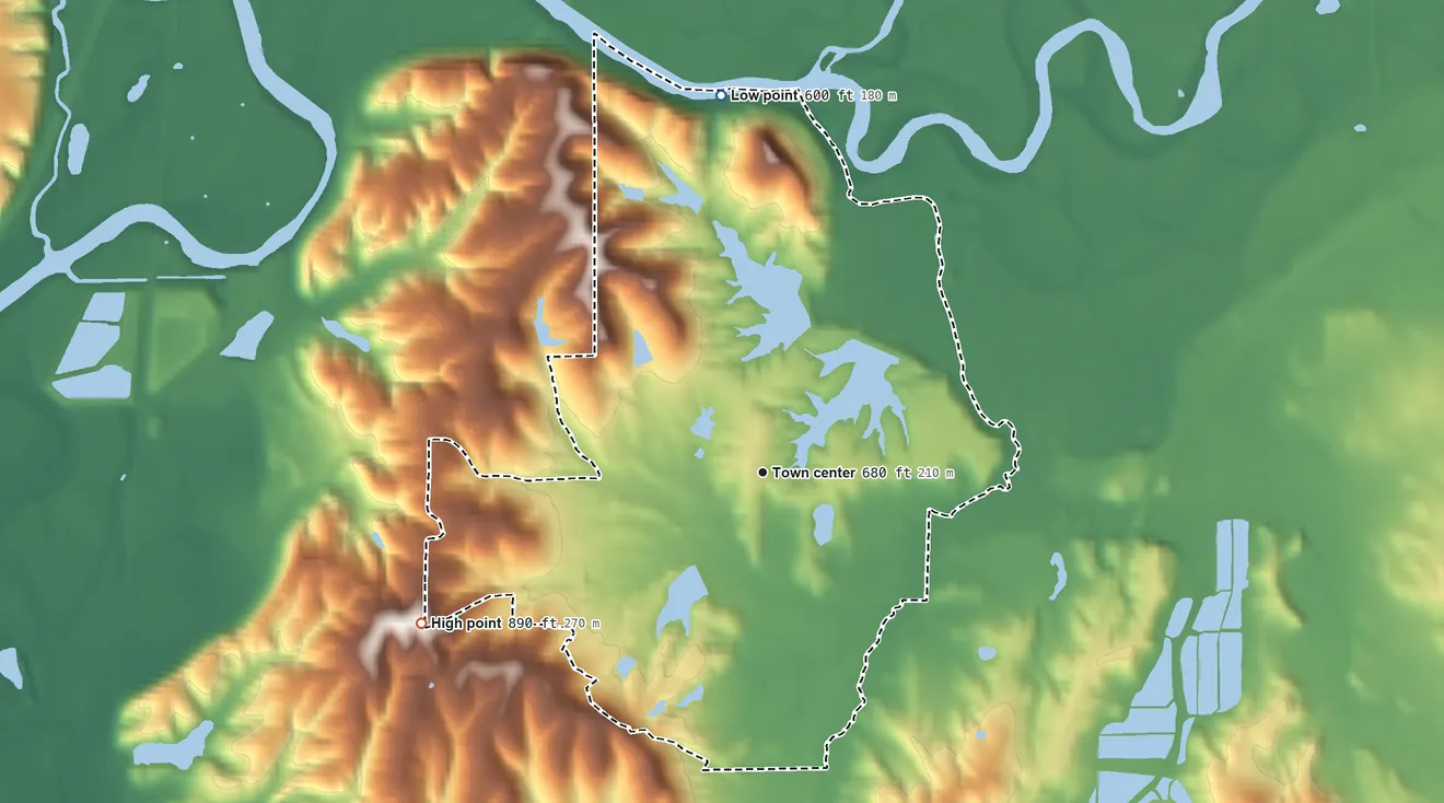 Topographic elevation map of Foxcliff Estates, Indiana, shaded from 600 ft on the north side to 890 ft on the southwest side