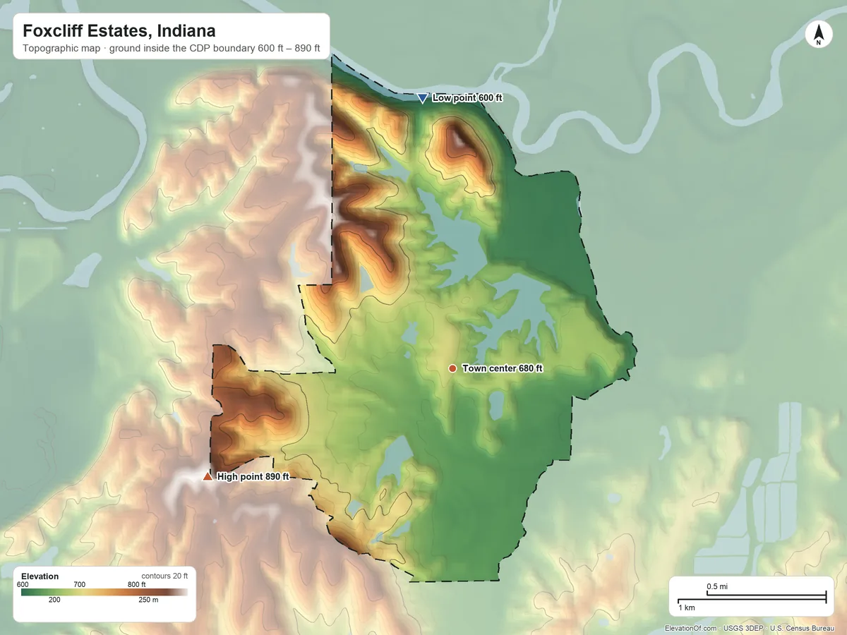 Topographic elevation map of Foxcliff Estates, Indiana, shaded from 600 ft on the north side to 890 ft on the southwest side