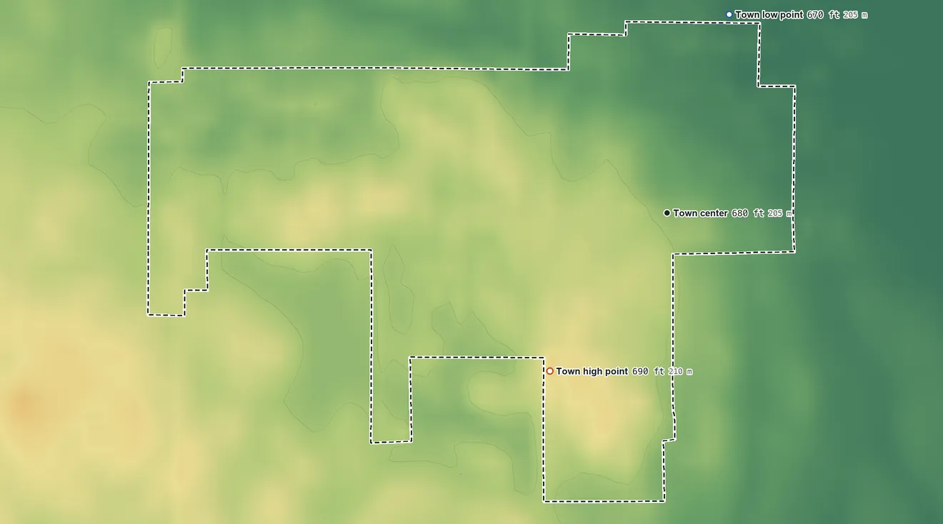 Topographic elevation map of Francesville, Indiana, shaded from 670 ft on the north side to 690 ft on the southwest side