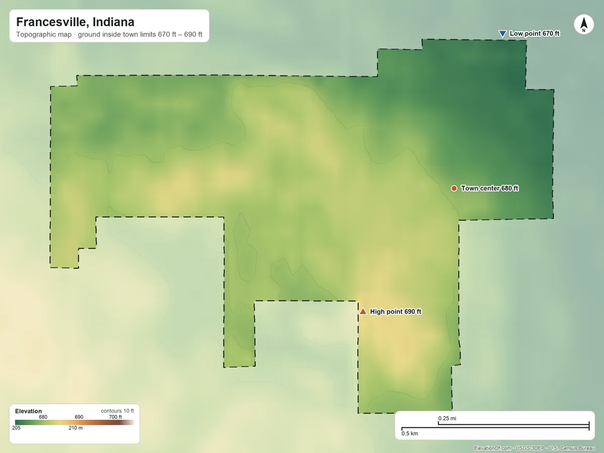 Topographic elevation map of Francesville, Indiana, shaded from 670 ft on the north side to 690 ft on the southwest side