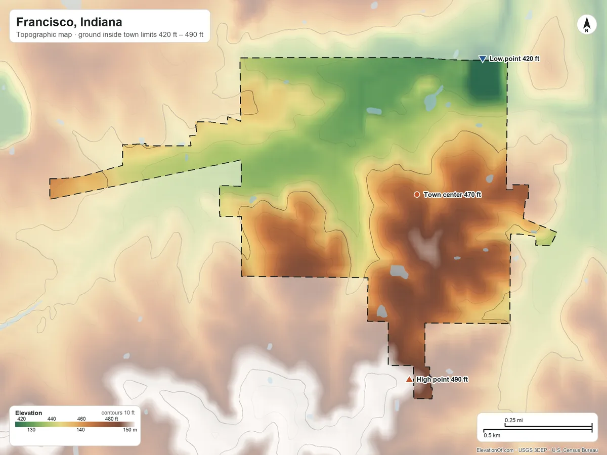 Topographic elevation map of Francisco, Indiana, shaded from 420 ft on the northeast side to 490 ft on the south side