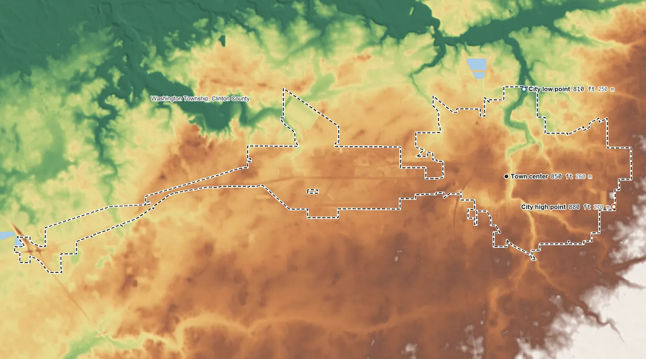 Topographic elevation map of Frankfort, Indiana, shaded from 810 ft on the north side to 880 ft on the east side