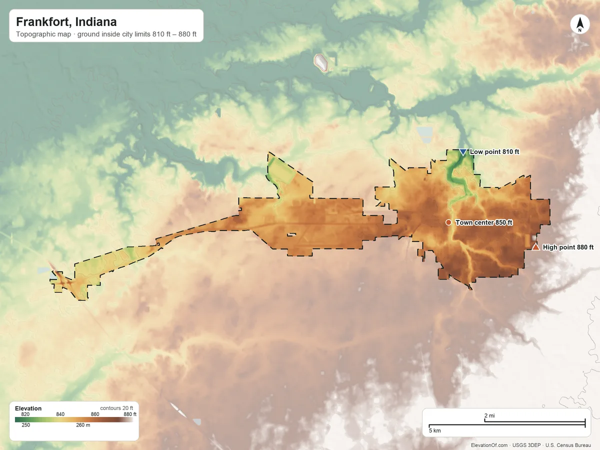 Topographic elevation map of Frankfort, Indiana, shaded from 810 ft on the north side to 880 ft on the east side