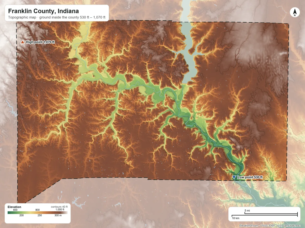 Topographic elevation map of Franklin County, Indiana, shaded from 530 ft on the southeast side to 1,070 ft on the northwest side