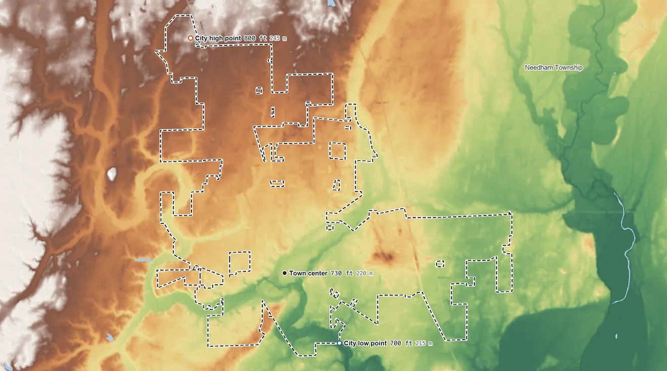 Topographic elevation map of Franklin, Indiana, shaded from 700 ft on the southeast side to 800 ft on the north side