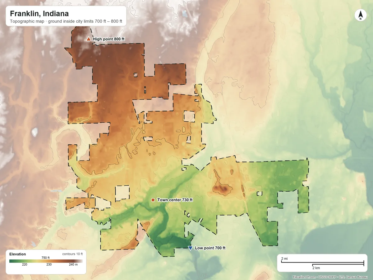 Topographic elevation map of Franklin, Indiana, shaded from 700 ft on the southeast side to 800 ft on the north side