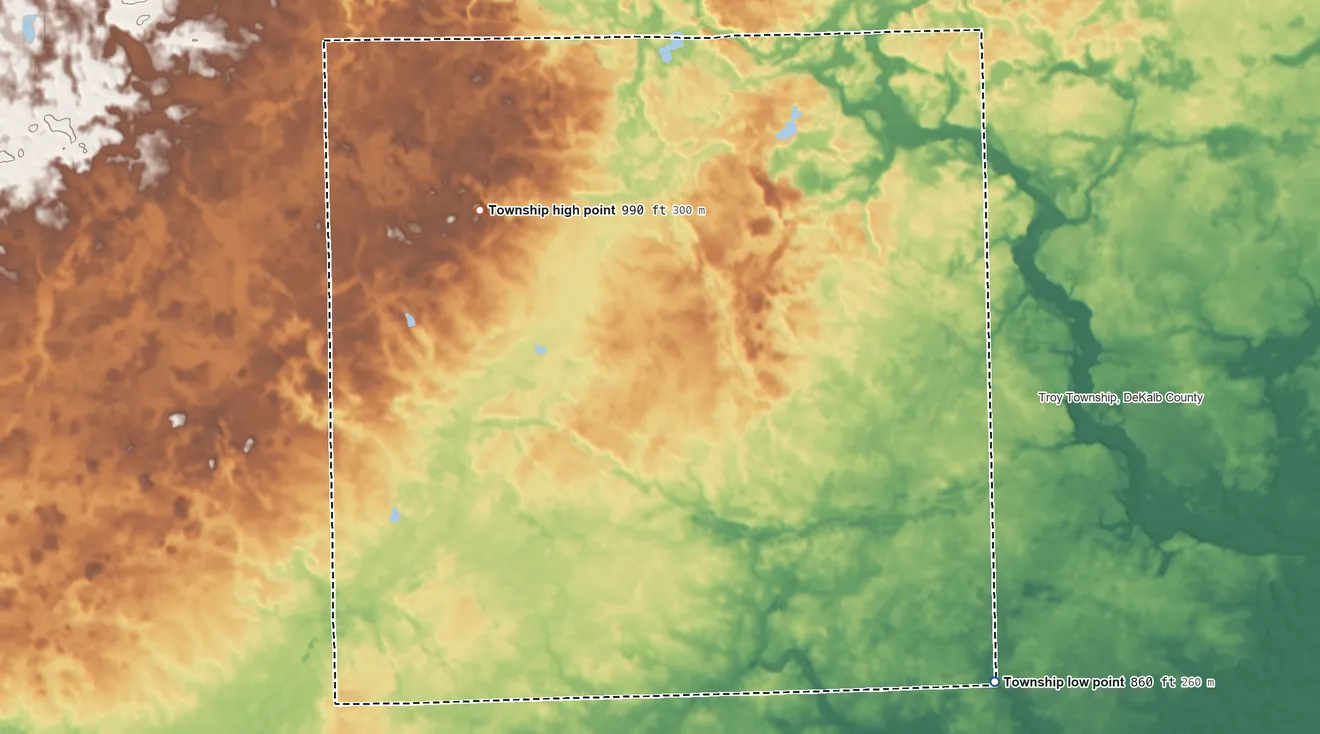 Topographic elevation map of Franklin Township, DeKalb County, Indiana, shaded from 860 ft on the southeast side to 990 ft on the northwest side