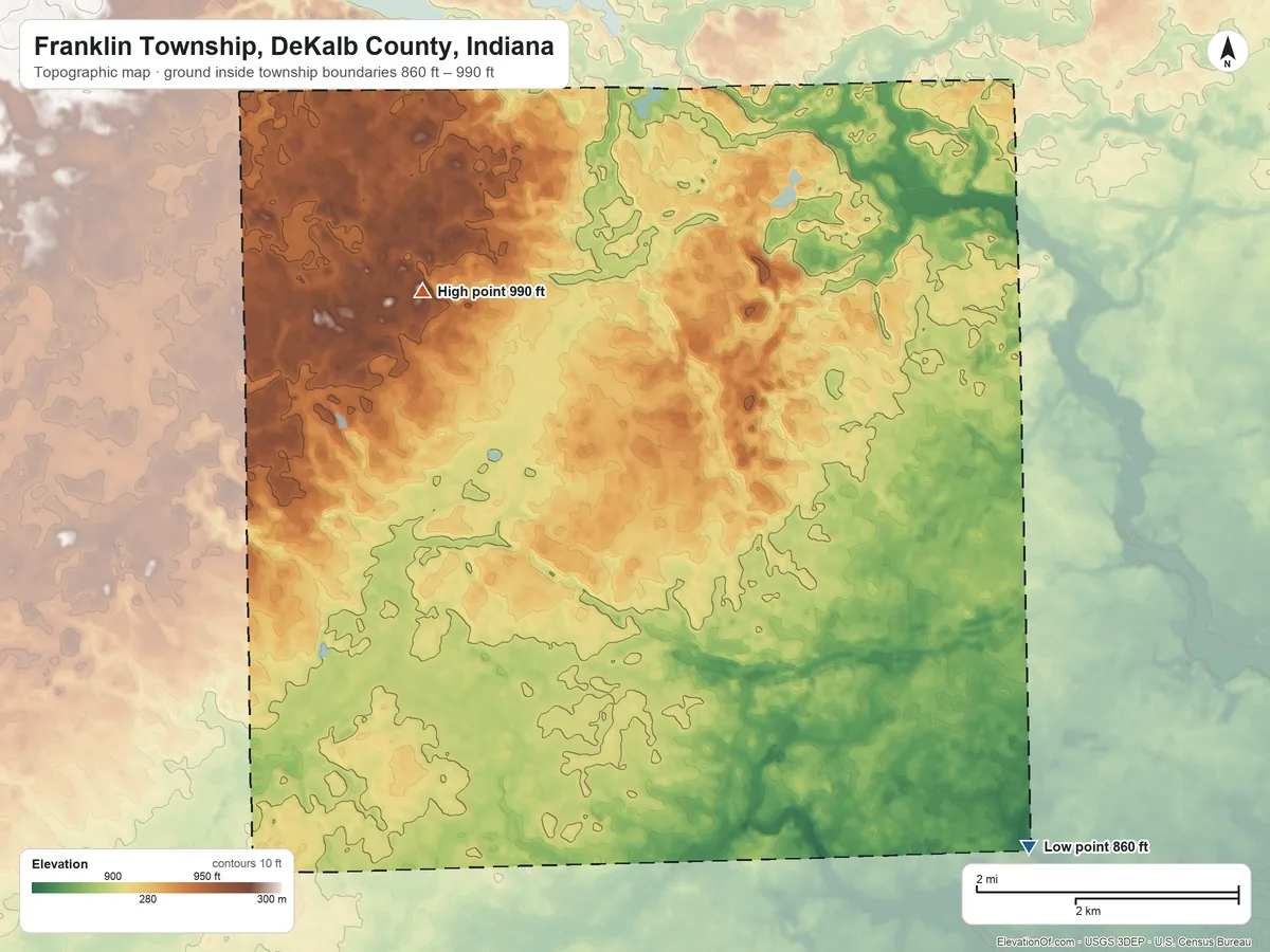 Topographic elevation map of Franklin Township, DeKalb County, Indiana, shaded from 860 ft on the southeast side to 990 ft on the northwest side