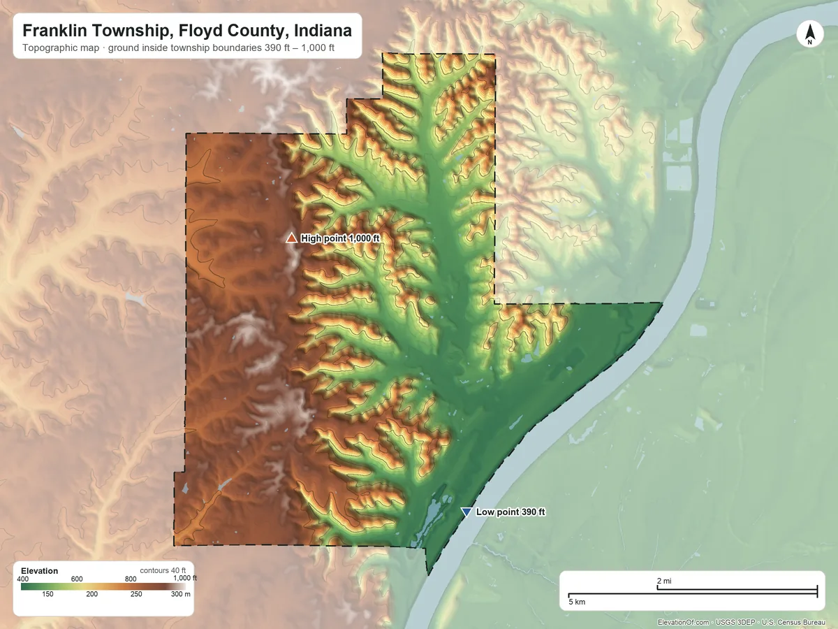 Topographic elevation map of Franklin Township, Floyd County, Indiana, shaded from 390 ft on the southeast side to 1,000 ft on Hickman Hill