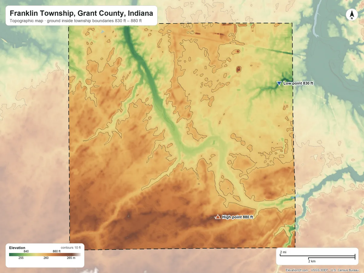 Topographic elevation map of Franklin Township, Grant County, Indiana, shaded from 830 ft near the middle to 880 ft on the south side