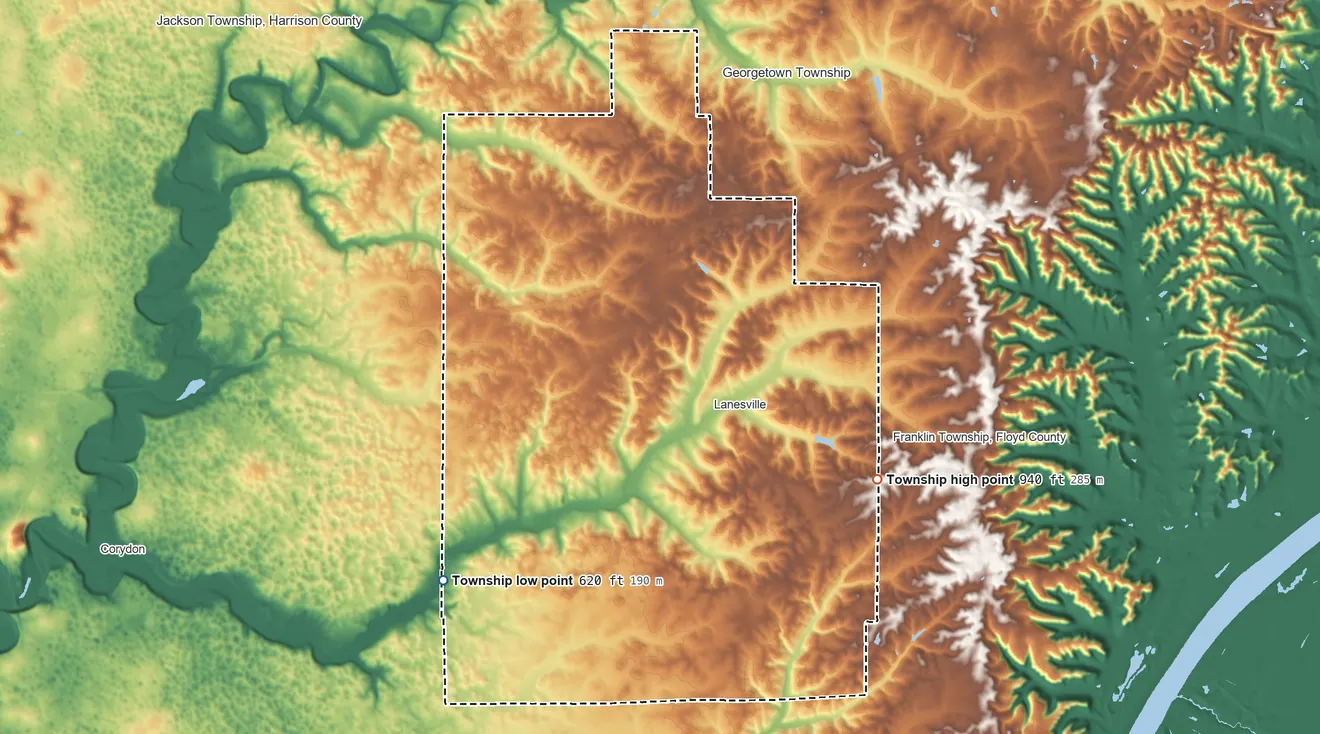 Topographic elevation map of Franklin Township, Harrison County, Indiana, shaded from 620 ft on the southwest side to 940 ft on the southeast side