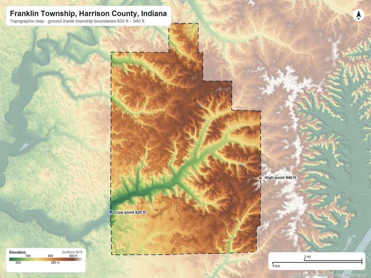Topographic elevation map of Franklin Township, Harrison County, Indiana, shaded from 620 ft on the southwest side to 940 ft on the southeast side