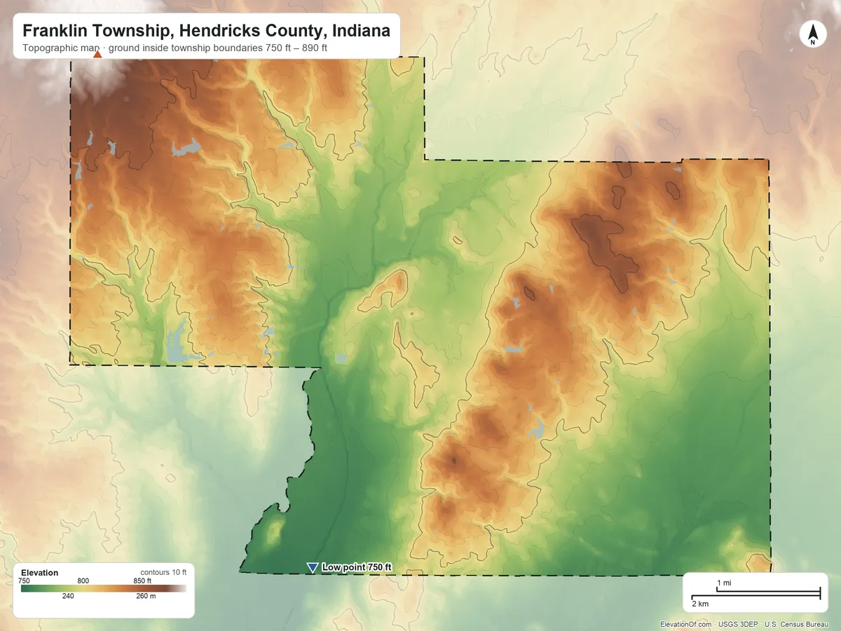 Topographic elevation map of Franklin Township, Hendricks County, Indiana, shaded from 750 ft on the south side to 890 ft on the northwest side