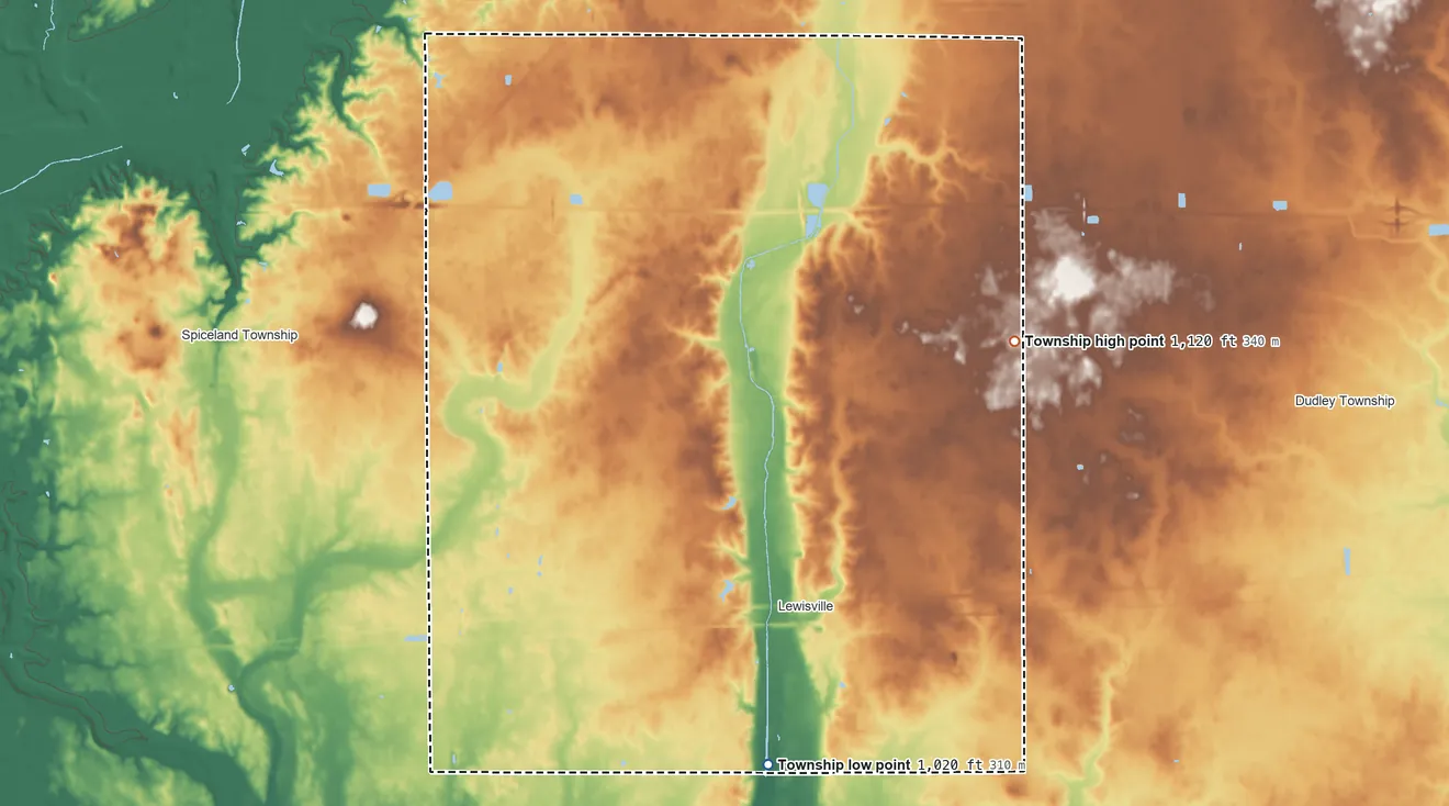Topographic elevation map of Franklin Township, Henry County, Indiana, shaded from 1,020 ft on the south side to 1,120 ft on the east side