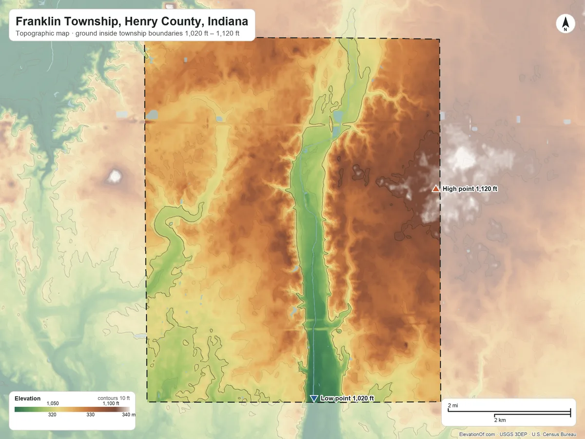 Topographic elevation map of Franklin Township, Henry County, Indiana, shaded from 1,020 ft on the south side to 1,120 ft on the east side