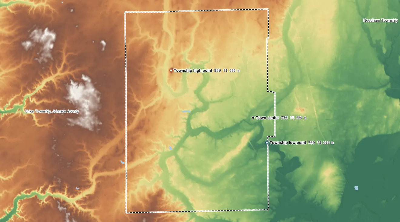 Topographic elevation map of Franklin Township, Johnson County, Indiana, shaded from 700 ft on the southeast side to 850 ft on Donalds Knoll