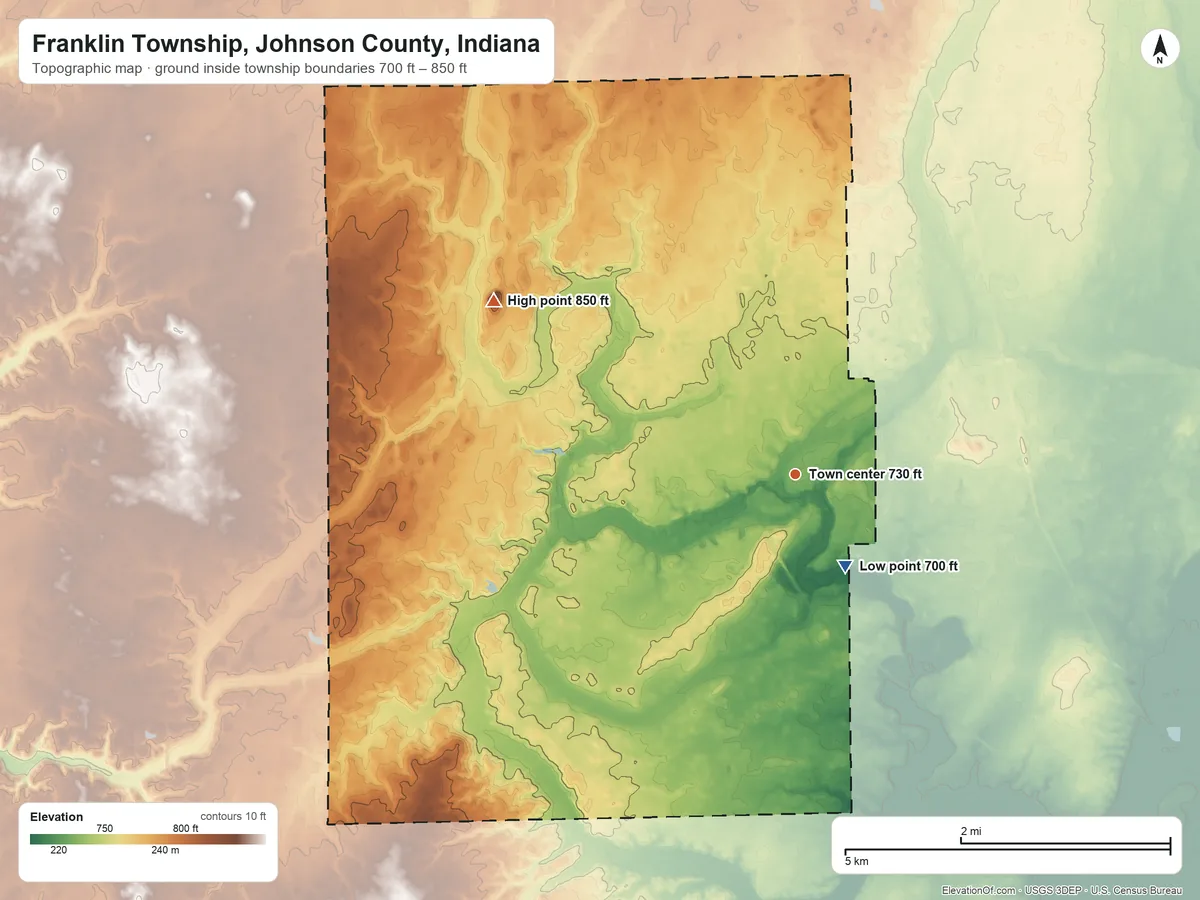Topographic elevation map of Franklin Township, Johnson County, Indiana, shaded from 700 ft on the southeast side to 850 ft on Donalds Knoll