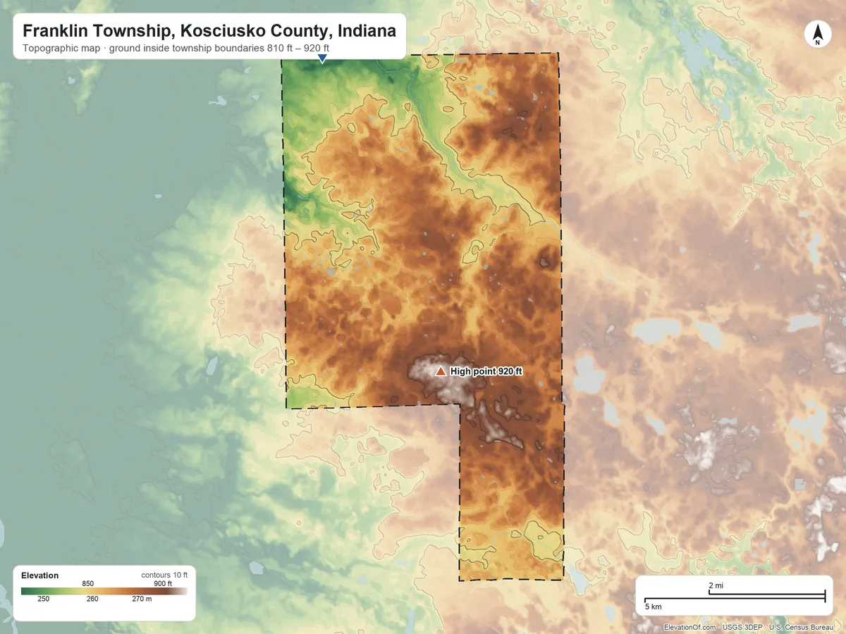 Topographic elevation map of Franklin Township, Kosciusko County, Indiana, shaded from 810 ft on the northwest side to 920 ft on the south side