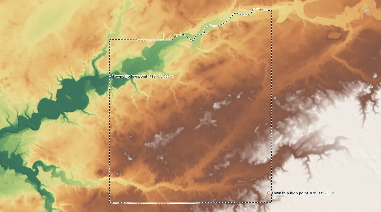 Topographic elevation map of Franklin Township, Montgomery County, Indiana, shaded from 710 ft on the west side to 870 ft on the southeast side