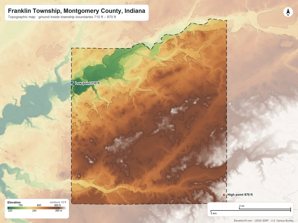 Topographic elevation map of Franklin Township, Montgomery County, Indiana, shaded from 710 ft on the west side to 870 ft on the southeast side