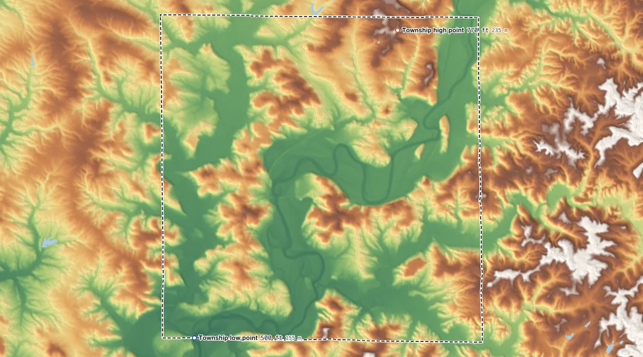 Topographic elevation map of Franklin Township, Owen County, Indiana, shaded from 500 ft on the southwest side to 770 ft on the northeast side