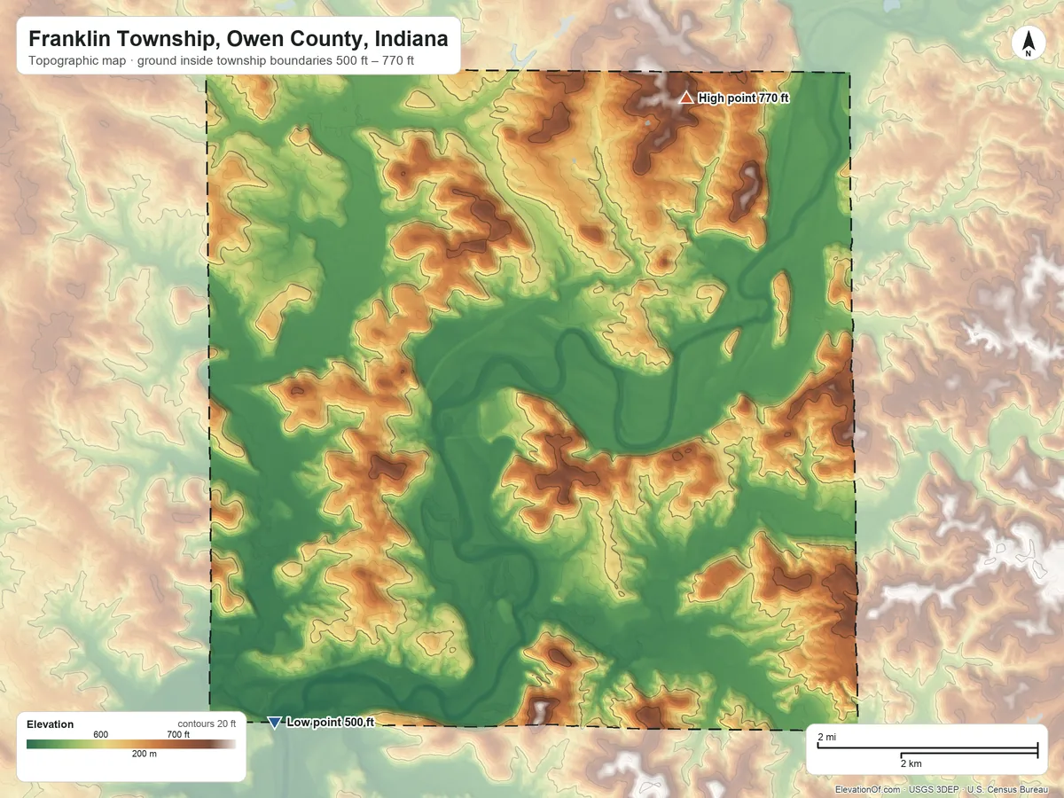 Topographic elevation map of Franklin Township, Owen County, Indiana, shaded from 500 ft on the southwest side to 770 ft on the northeast side