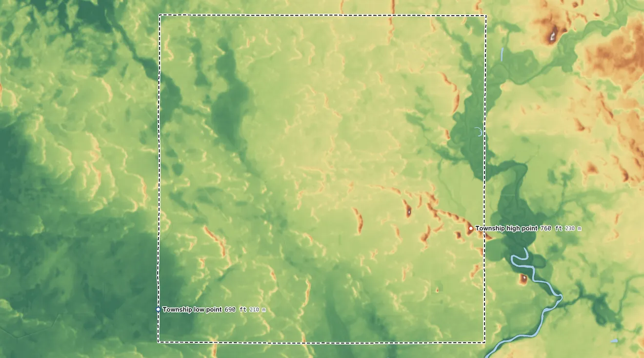 Topographic elevation map of Franklin Township, Pulaski County, Indiana, shaded from 690 ft on the southwest side to 760 ft on the east side