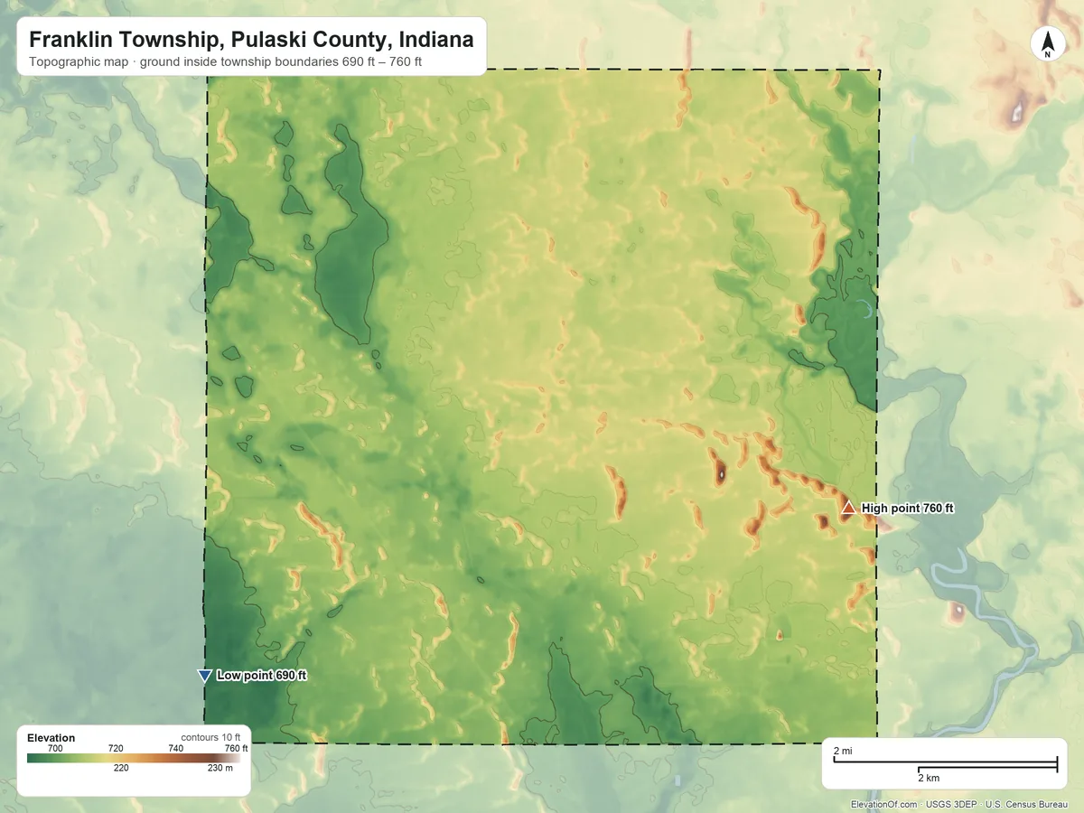 Topographic elevation map of Franklin Township, Pulaski County, Indiana, shaded from 690 ft on the southwest side to 760 ft on the east side