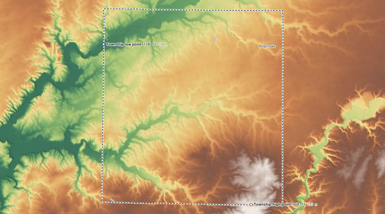 Topographic elevation map of Franklin Township, Putnam County, Indiana, shaded from 720 ft on the west side to 940 ft on the south side