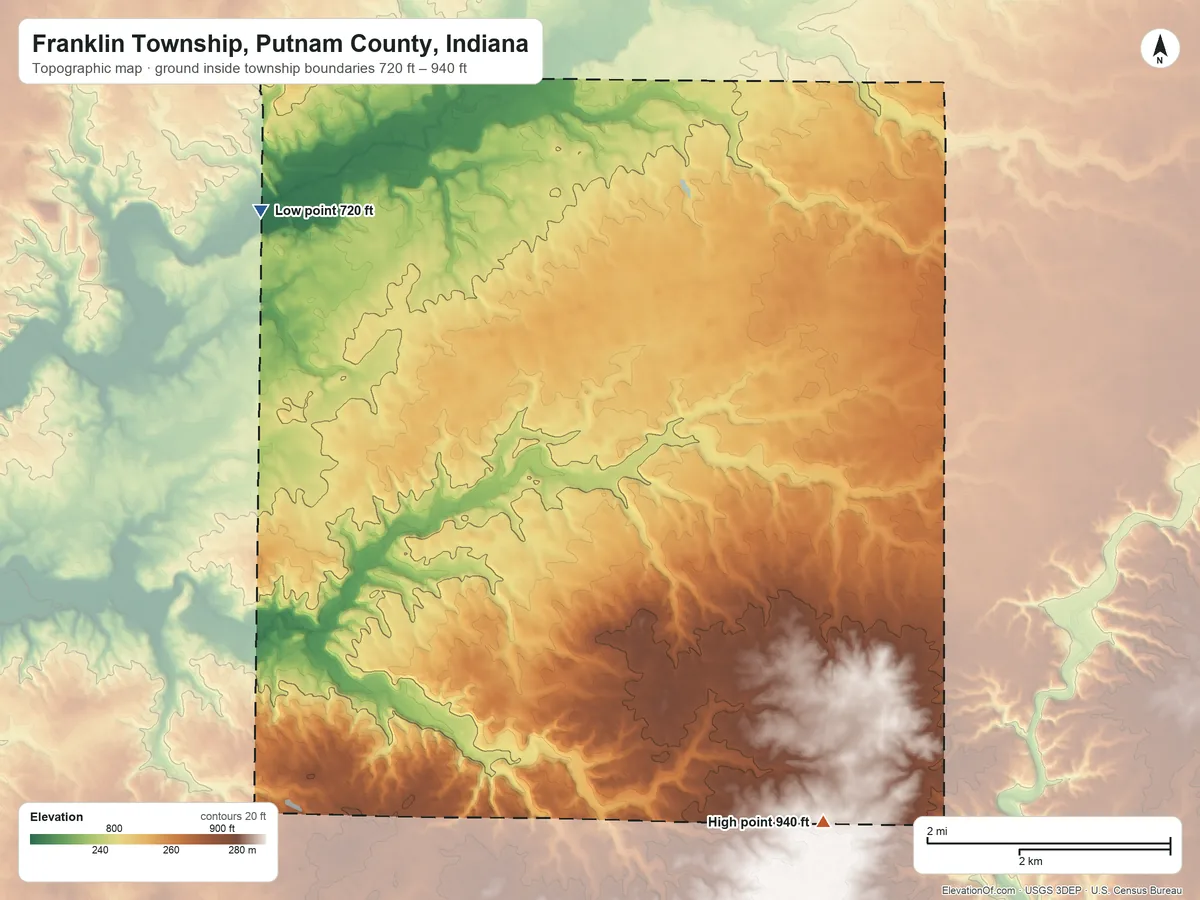 Topographic elevation map of Franklin Township, Putnam County, Indiana, shaded from 720 ft on the west side to 940 ft on the south side