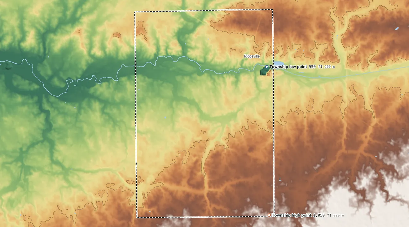 Topographic elevation map of Franklin Township, Randolph County, Indiana, shaded from 950 ft near the middle to 1,050 ft on the south side