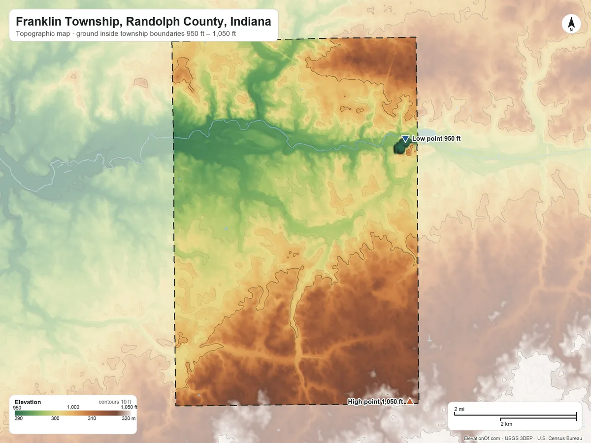 Topographic elevation map of Franklin Township, Randolph County, Indiana, shaded from 950 ft near the middle to 1,050 ft on the south side