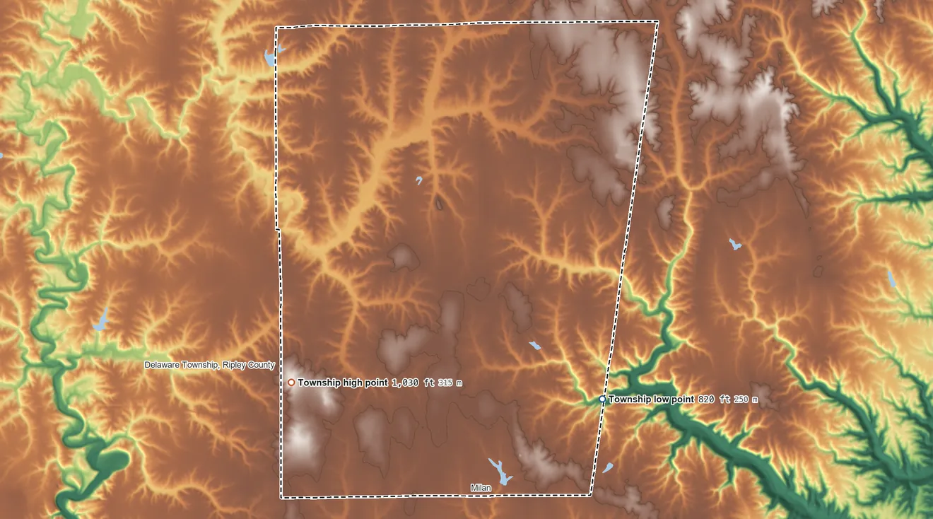 Topographic elevation map of Franklin Township, Ripley County, Indiana, shaded from 820 ft on the southeast side to 1,030 ft on the west side