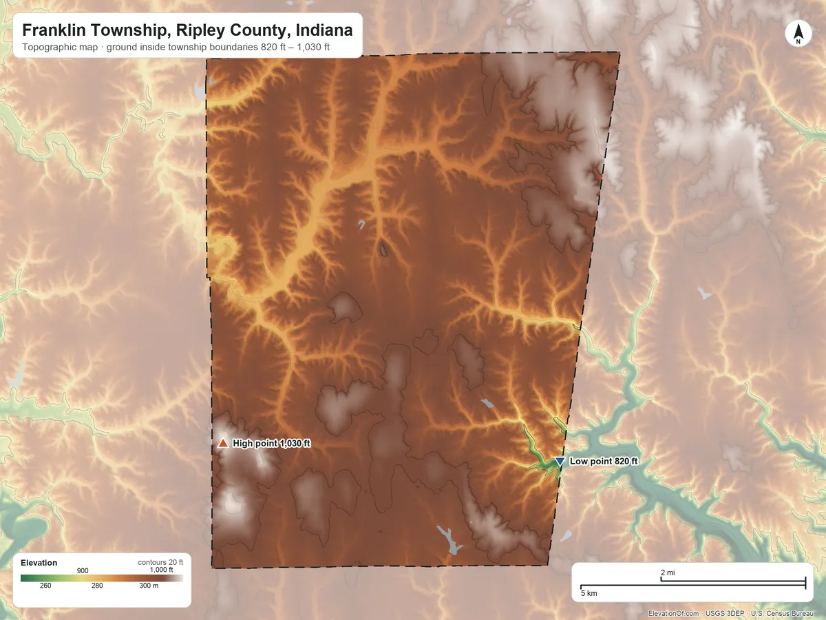 Topographic elevation map of Franklin Township, Ripley County, Indiana, shaded from 820 ft on the southeast side to 1,030 ft on the west side
