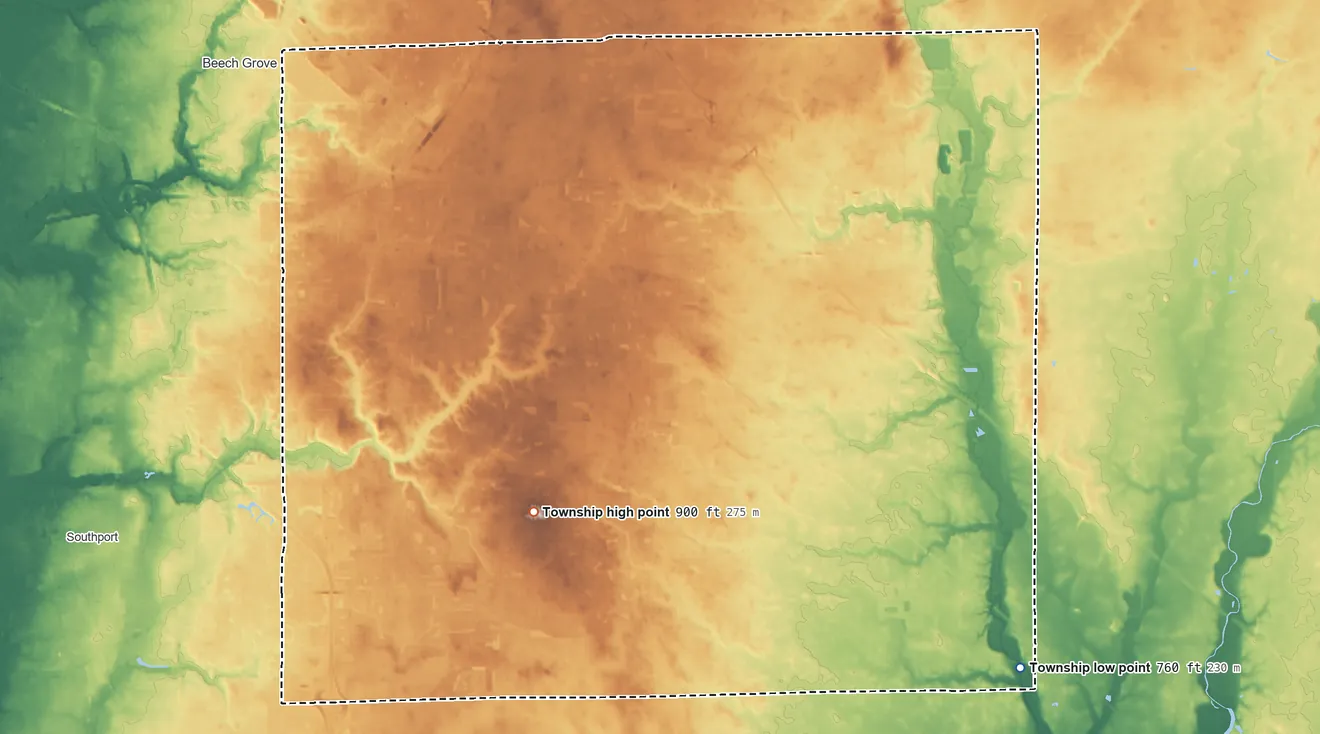 Topographic elevation map of Franklin Township, Indiana, shaded from 760 ft on the southeast side to 900 ft on the south side