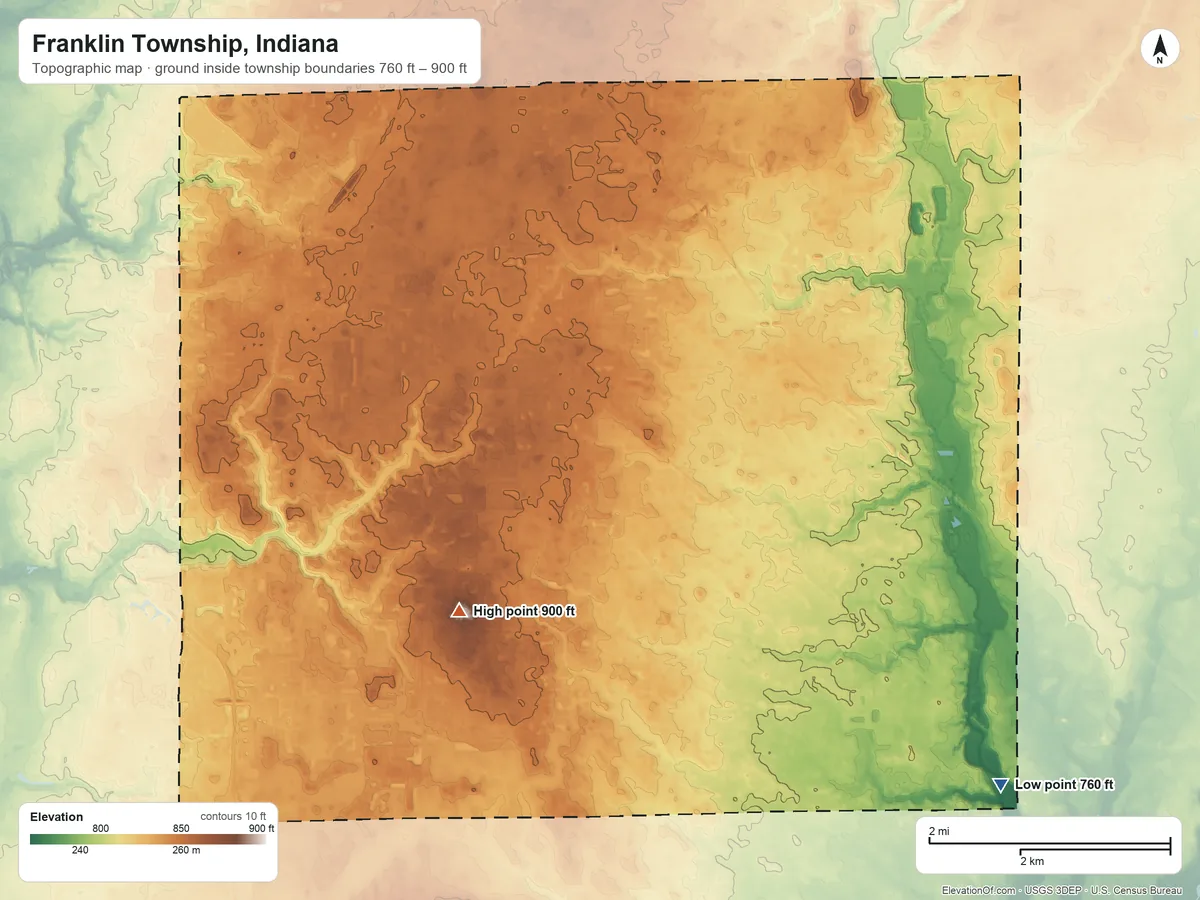 Topographic elevation map of Franklin Township, Indiana, shaded from 760 ft on the southeast side to 900 ft on the south side