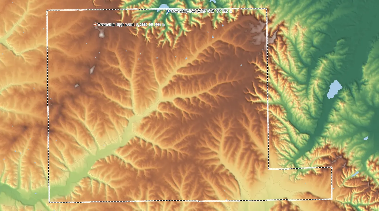 Topographic elevation map of Franklin Township, Washington County, Indiana, shaded from 640 ft on the north side to 1,050 ft on the northwest side