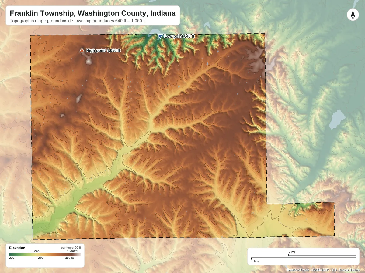 Topographic elevation map of Franklin Township, Washington County, Indiana, shaded from 640 ft on the north side to 1,050 ft on the northwest side