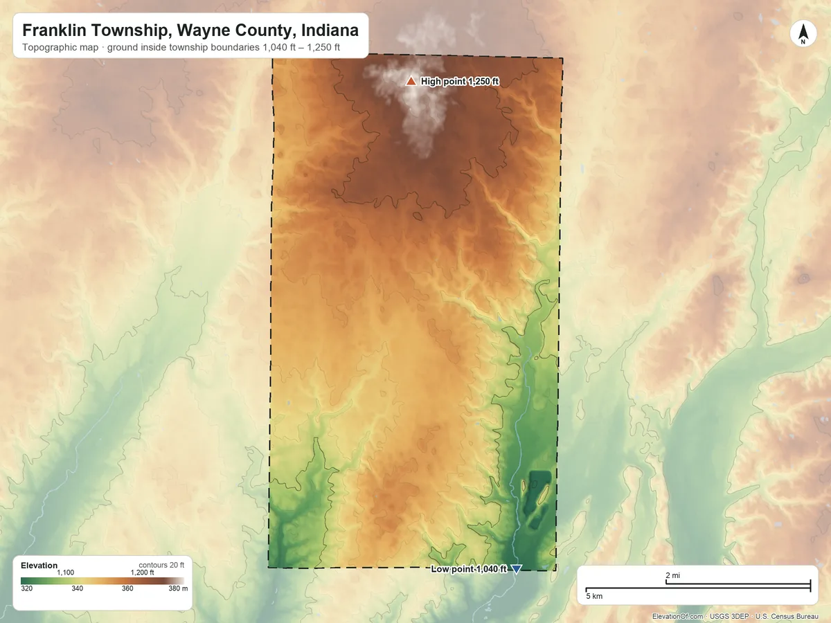 Topographic elevation map of Franklin Township, Wayne County, Indiana, shaded from 1,040 ft on the southeast side to 1,250 ft on Hoosier Hill