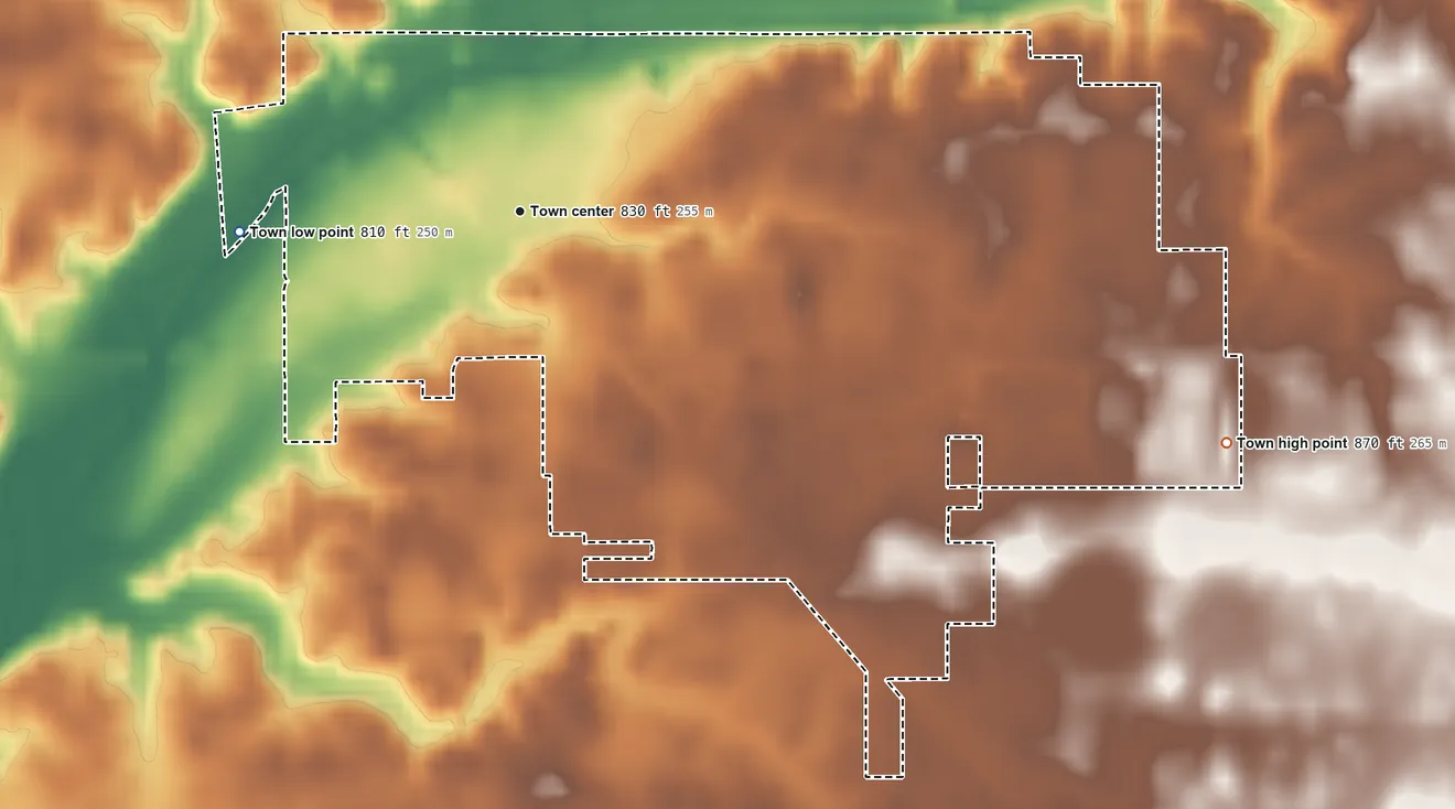 Topographic elevation map of Frankton, Indiana, shaded from 810 ft on the west side to 870 ft on the east side