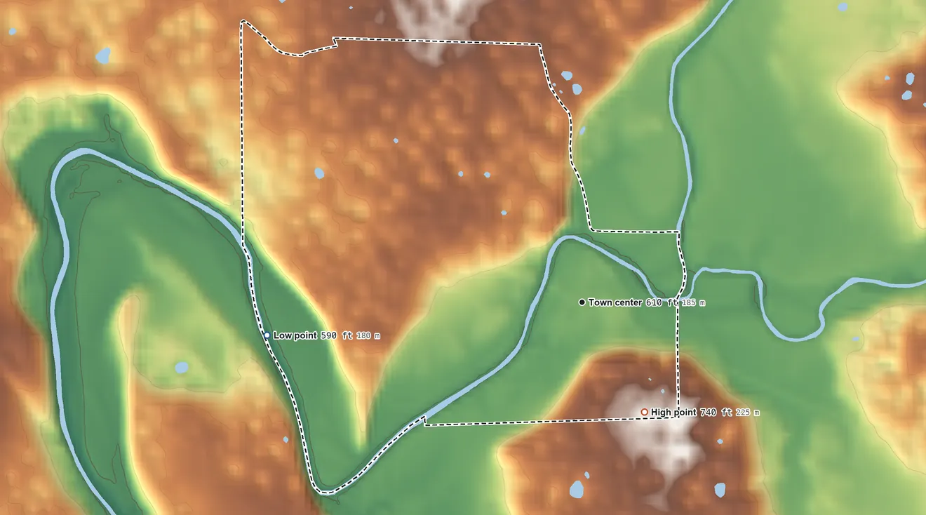 Topographic elevation map of Fredericksburg, Indiana, shaded from 590 ft on the west side to 740 ft on the southeast side
