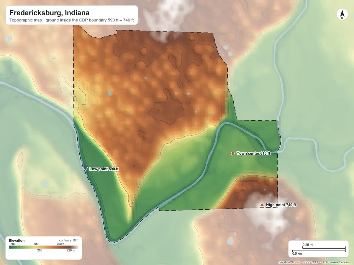 Topographic elevation map of Fredericksburg, Indiana, shaded from 590 ft on the west side to 740 ft on the southeast side