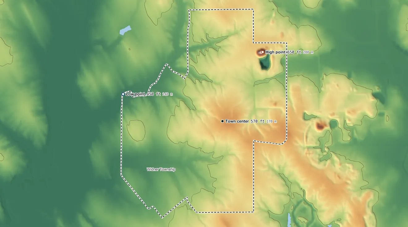 Topographic elevation map of Freelandville, Indiana, shaded from 450 ft on the west side to 650 ft on the northeast side