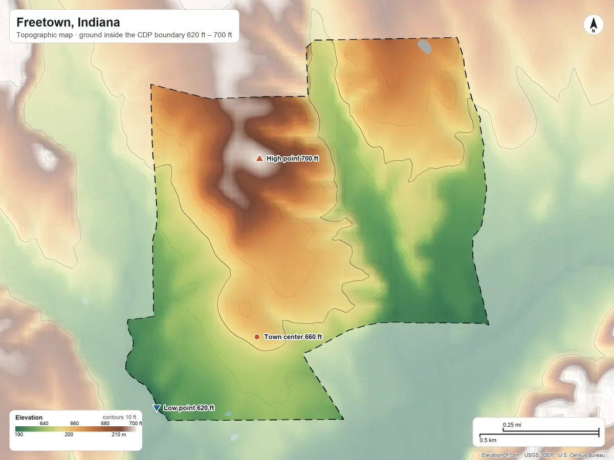 Topographic elevation map of Freetown, Indiana, shaded from 620 ft on the southwest side to 700 ft on the north side