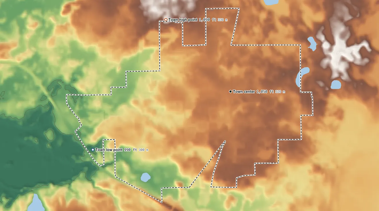 Topographic elevation map of Fremont, Indiana, shaded from 990 ft on the southwest side to 1,090 ft on the northwest side
