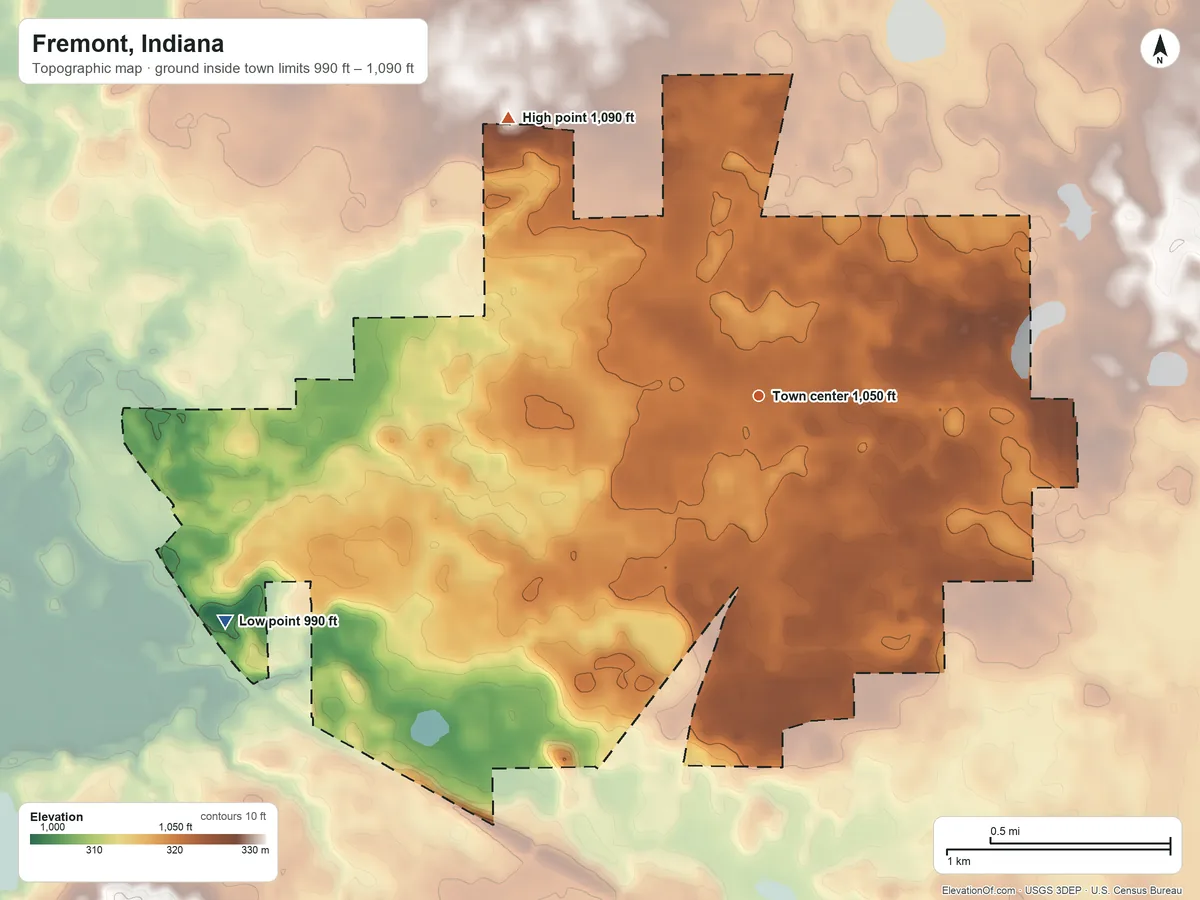 Topographic elevation map of Fremont, Indiana, shaded from 990 ft on the southwest side to 1,090 ft on the northwest side