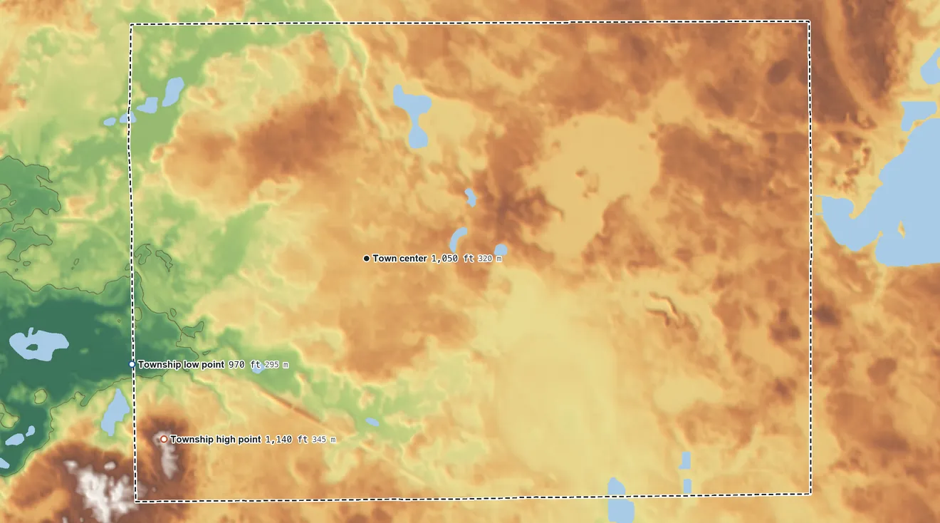 Topographic elevation map of Fremont Township, Indiana, shaded from 970 ft on the southwest side to 1,140 ft on the southwest side