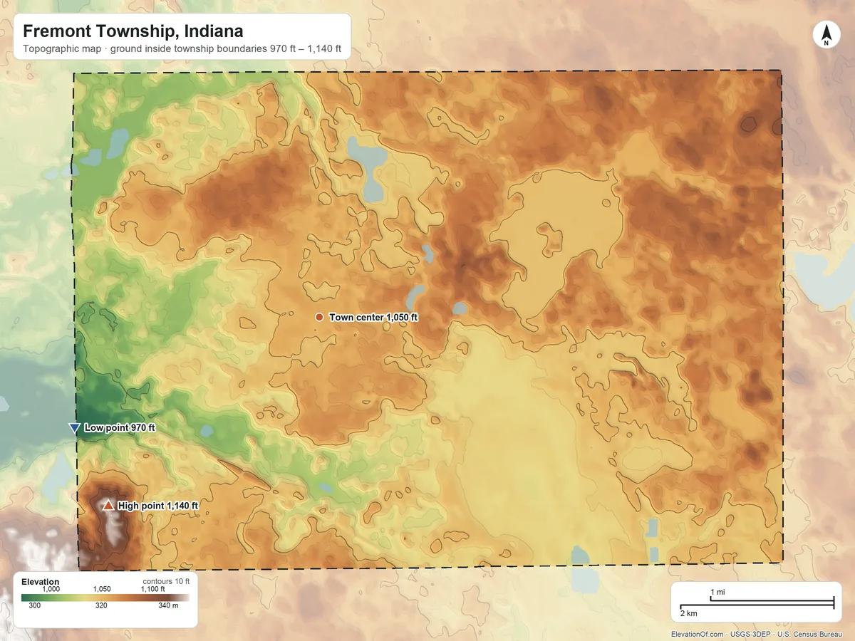 Topographic elevation map of Fremont Township, Indiana, shaded from 970 ft on the southwest side to 1,140 ft on the southwest side
