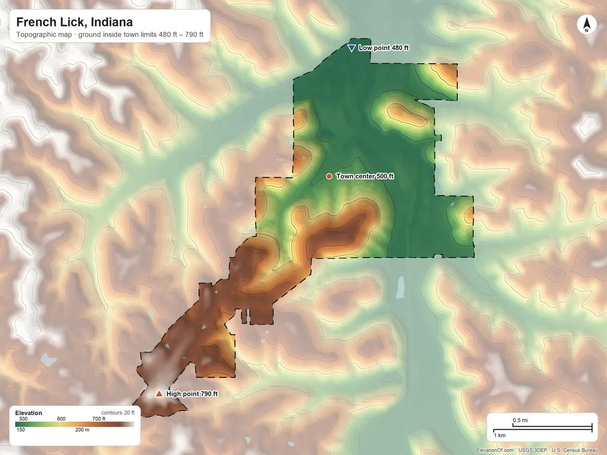 Topographic elevation map of French Lick, Indiana, shaded from 480 ft on the north side to 790 ft on the southwest side